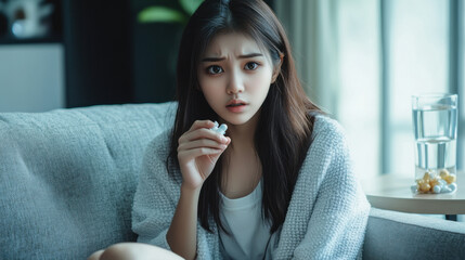 Sick Asian girl sitting on a couch at home, holding a capsule in her hand, with a glass of