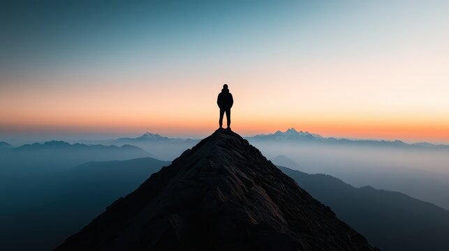 A person stands silhouetted against the evening sky on a mountain ridge, with a sunset horizon suggesting themes of quiet reflection and the beauty of nature’s vastness.