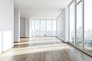 Obraz premium Empty High Ceiling Room with White Big Windows, Wooden Floor and White Walls interior design mock up