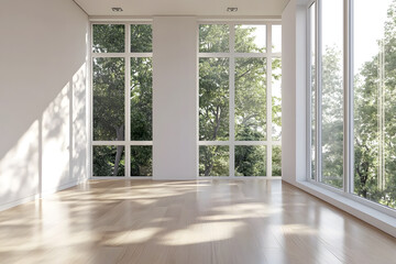 Obraz premium Empty High Ceiling Room with White Big Windows, Wooden Floor and White Walls interior design mock up