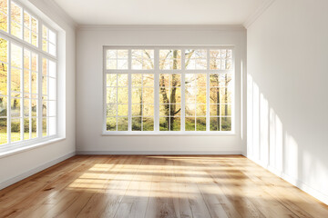 Fototapeta premium Empty High Ceiling Room with White Big Windows, Wooden Floor and White Walls interior design mock up