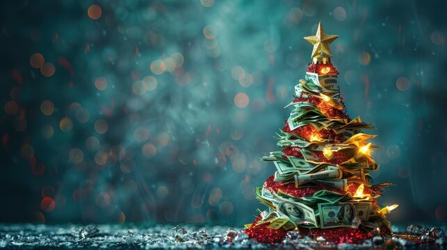 Festive Christmas tree created from banknotes highlighting holiday budgeting and spending