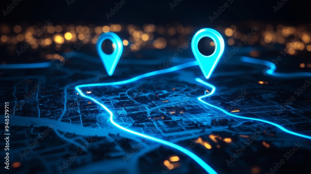 Poster Blue Glowing Location Pins with Dynamic Path Lines on Dark Background