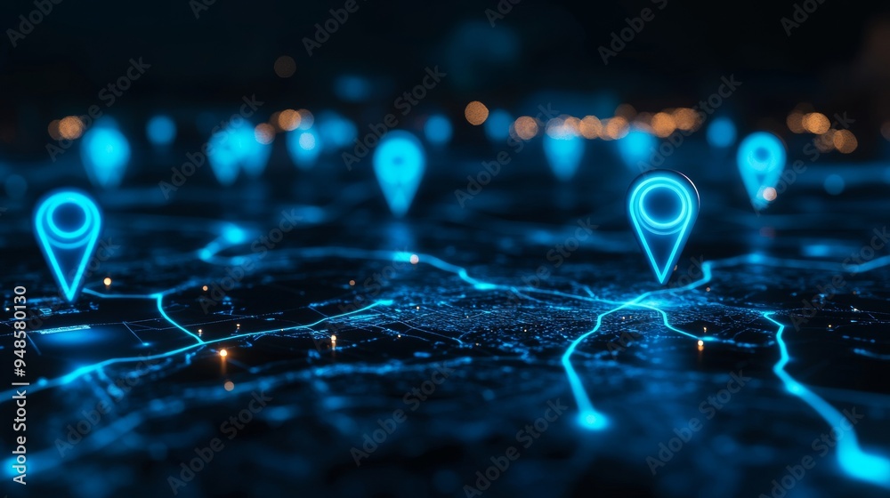 Poster Blue Glowing Location Pins with Dynamic Path Lines on Dark Background