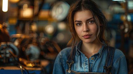 Female mechanic at work in a busy repair garage showcasing her skills and dedication