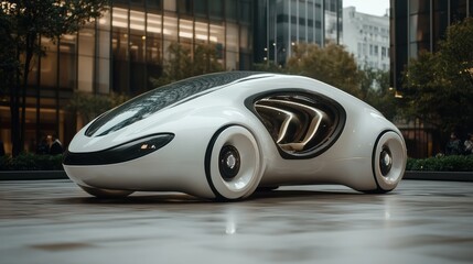 Obraz premium A sleek white futuristic concept car with a unique design, displayed in a modern urban environment, emphasizing advanced automotive technology.