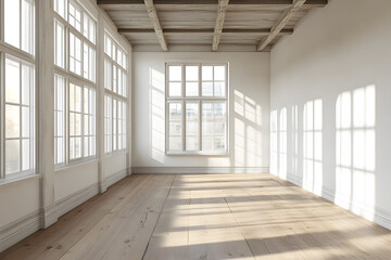 Obraz premium Empty High Ceiling Room with White Big Windows, Wooden Floor and White Walls interior design mock up