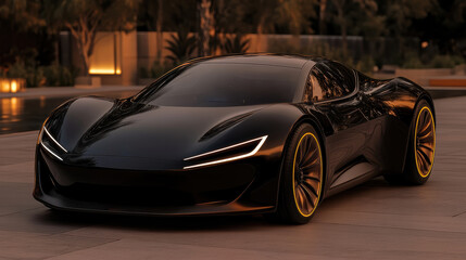 A sleek black electric sports car with glowing accents, showcased at sunset in a luxurious setting,...