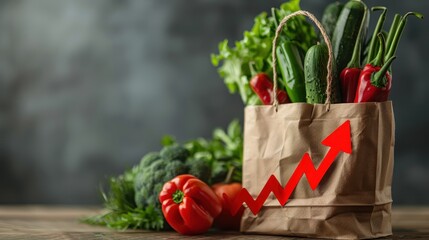 Inflation arrow shows rising grocery prices with a bag of vegetables