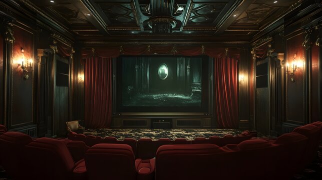 A classic horror movie playing in a vintage-inspired home theater