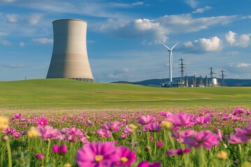 A nuclear cooling tower and wind turbine in a field of wildflowers, symbolizing a mix of energy sources and nature.