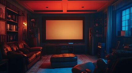 A dimly lit room with a big screen and vintage decor in a home theater