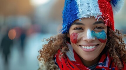 Portrait of a delighted person with French flag face paint celebrating national pride outdoors