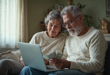 A senior couple sitting on the sofa at home, managing their finances by using a laptop and counting money, a moment of financial planning together