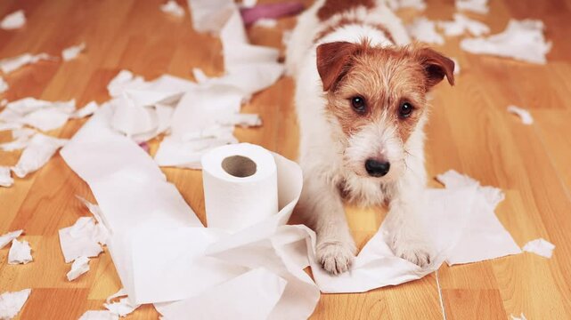 Playful, active naughty dog after biting, chewing a toilet paper. Hyperactive, active puppy training.