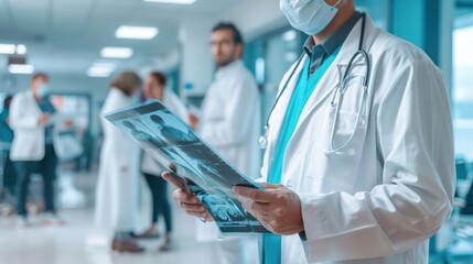 A diverse group of medical staff, including doctors and nurses, intensely examine an X-ray in a modern hospital