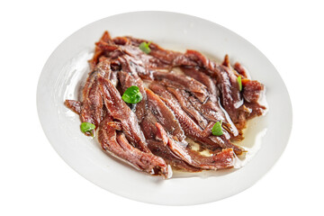 anchovies in a plate on the table canned fish in oil fresh and tasty seafood meal food snack on the table copy space food background rustic