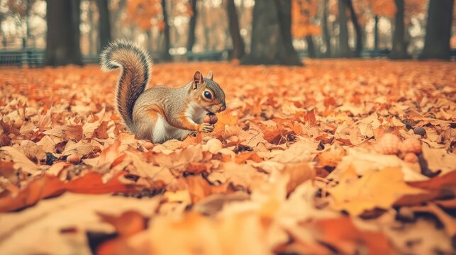 Orange fall leaves covering the ground in a peaceful park, a lone squirrel gathering acorns, Vintage, Sepia tones, Soft focus, Nostalgic feel