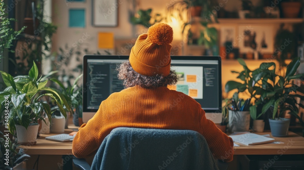 Poster a person wearing a yellow sweater is sitting in front of a computer monitor