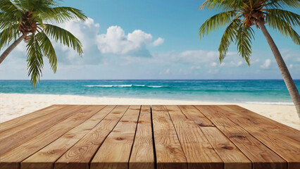 Empty wooden table and palm leaves and beach blurred background in summer time, Generative AI.