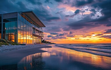 Fototapeta premium Sunset at Coastal Business Retreat with Reflective Building and Gentle Waves, Calm and Reflective Mood, Photo Realistic