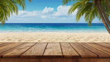 Empty wooden table and palm leaves and beach blurred background in summer time, Generative AI.