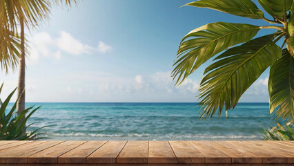 Empty wooden table and palm leaves and beach blurred background in summer time, Generative AI.