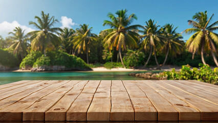Empty wooden table and palm leaves and beach blurred background in summer time, Generative AI.