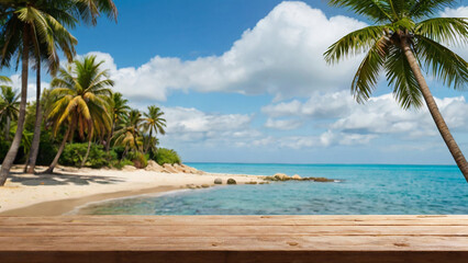 Empty wooden table and palm leaves and beach blurred background in summer time, Generative AI.