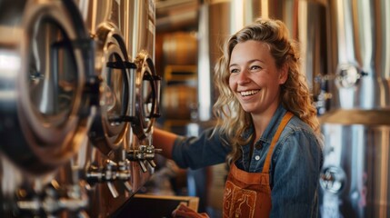 A woman makes beer wearing a cute apron at a brewery.