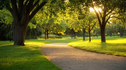 Fototapeta premium Scenic park with walking paths and trees, providing a serene background with generous copy space for creative designs