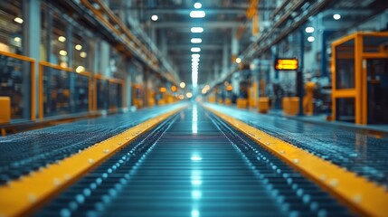 Fototapeta premium The Pulse of Production: A modern factory floor hums with activity, the conveyor belt stretching into the distance, symbolizing the relentless drive of industry. 