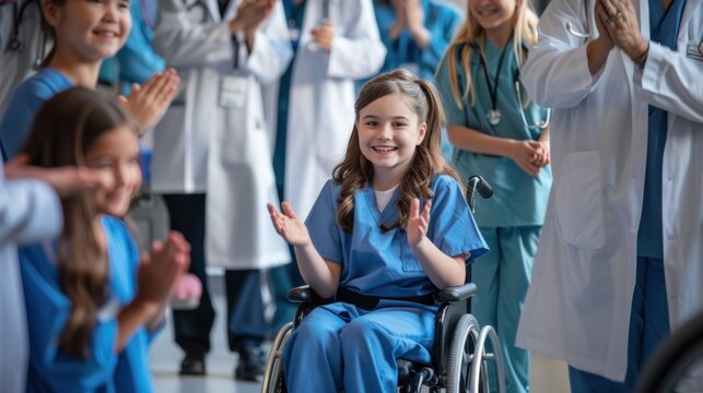A young girl in blue scrubs, sitting in her wheelchair being celebrated in the style of medical staff clapping and smiling at the hospital with doctors standing behind them.