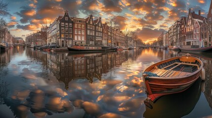 Fototapeta premium Amsterdam's canals are lined with tall, unique narrow houses. Each house has unique architectural details.