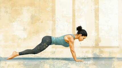 Woman in plank position, intense indoor workout, determination, fitness goal in progress