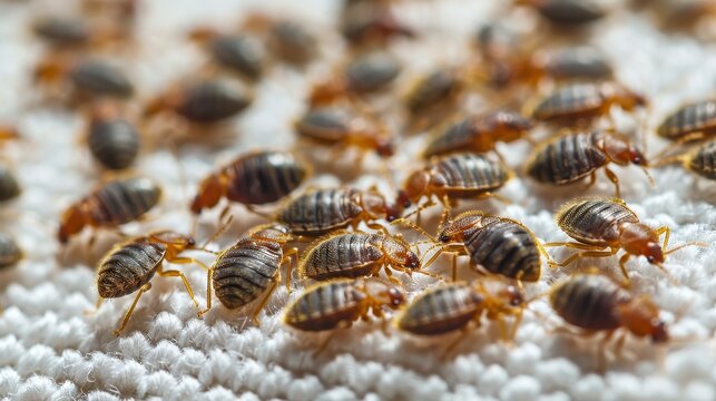 Close-up of a bed bug infestation on white fabric revealing life cycle and damage caused
