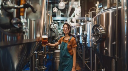 Fototapeta premium Asian woman brews beer in a cutesy apron at a brewery