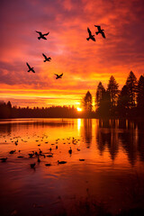 Sunset Reflections: Majestic Geese in Flight Over a Tranquil Lake