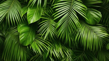 Tropical palm leaves forming a dense, green background, ideal for a fresh and natural design element