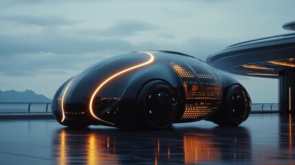 Obraz premium A sleek futuristic black car with glowing orange lights, parked in a modern architectural environment, reflecting advanced technology and cutting-edge design.