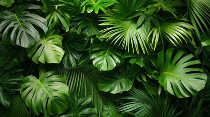 Tropical palm leaves forming a dense, green background, ideal for a fresh and natural design element