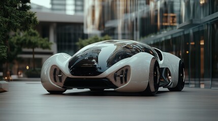 Fototapeta premium A modern architectural backdrop highlights the sleek, aerodynamic design of this futuristic electric sports car, showcasing the latest in automotive technology.