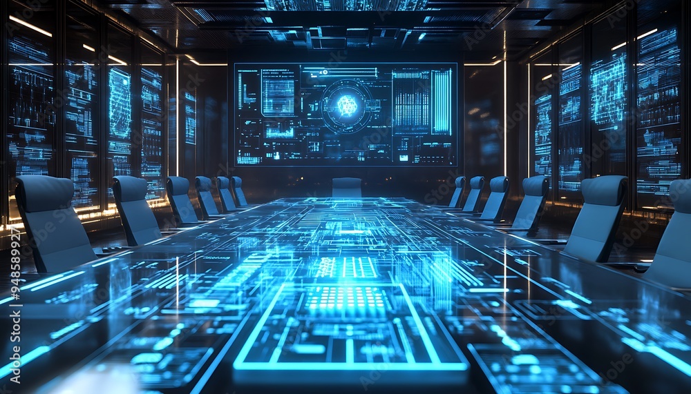 Poster high-tech boardroom with ai-driven interactive table and holographic screens, bright and futuristic 