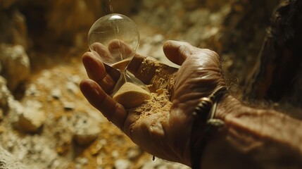 Obraz premium A hand holds an hourglass with flowing sand symbolizing the relentless passage of time in nature