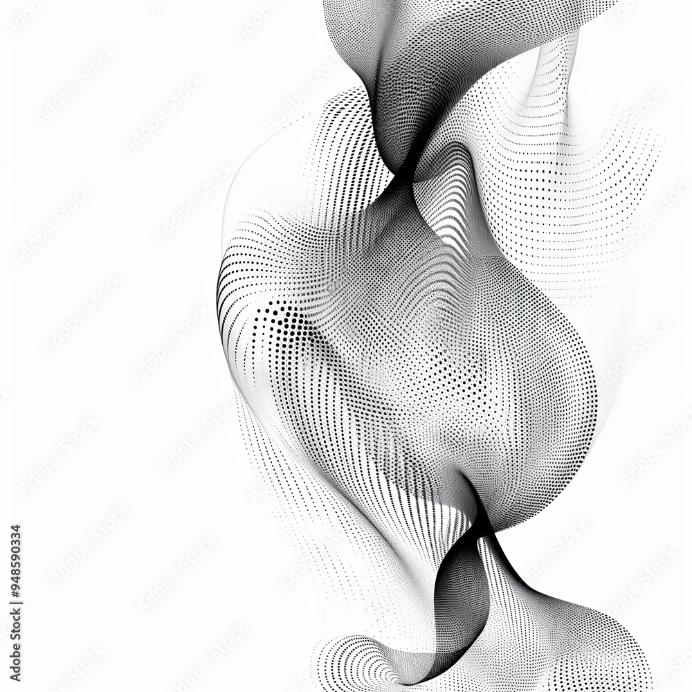 Poster flowing hair strands in halftone gradient made of dots, isolated on clear white background