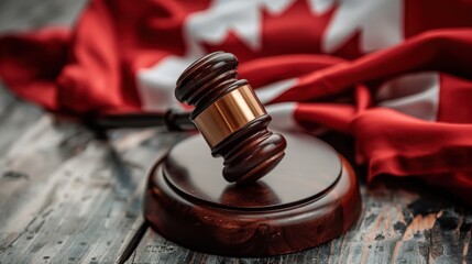 A wooden judges gavel rests on a desk beside a folded Canadian flag representing law and order