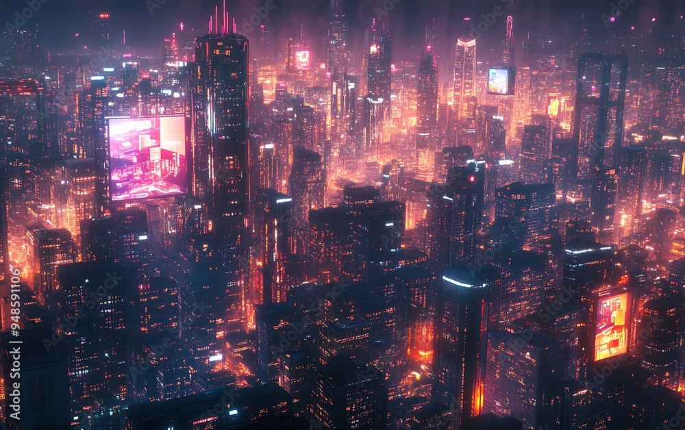 Aufkleber smart cityscape at night with ai-driven data links and holographic advertisements, futuristic glow, 