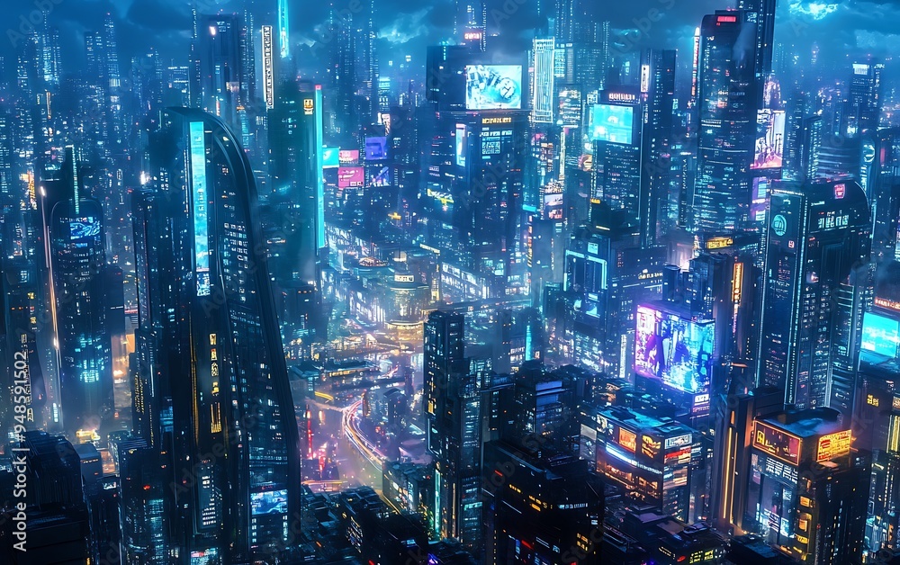 Poster smart cityscape at night with ai-driven data links and holographic advertisements, futuristic glow, 