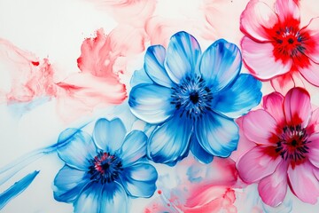 Fototapeta premium A stunning and beautiful watercolor artwork featuring a multitude of colorful blossoms, skillfully blending shades of blue and pink hues within a minimalist floral pattern that captivates the eye