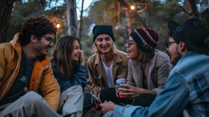 Obraz premium group of friends camping in the forest